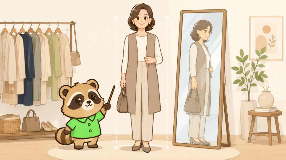 ロングジレを着た40代女性が鏡の前で縦長シルエットを確認し、緑のシャツを着たたぬきがすっきり見える着こなしを案内しているイラスト
