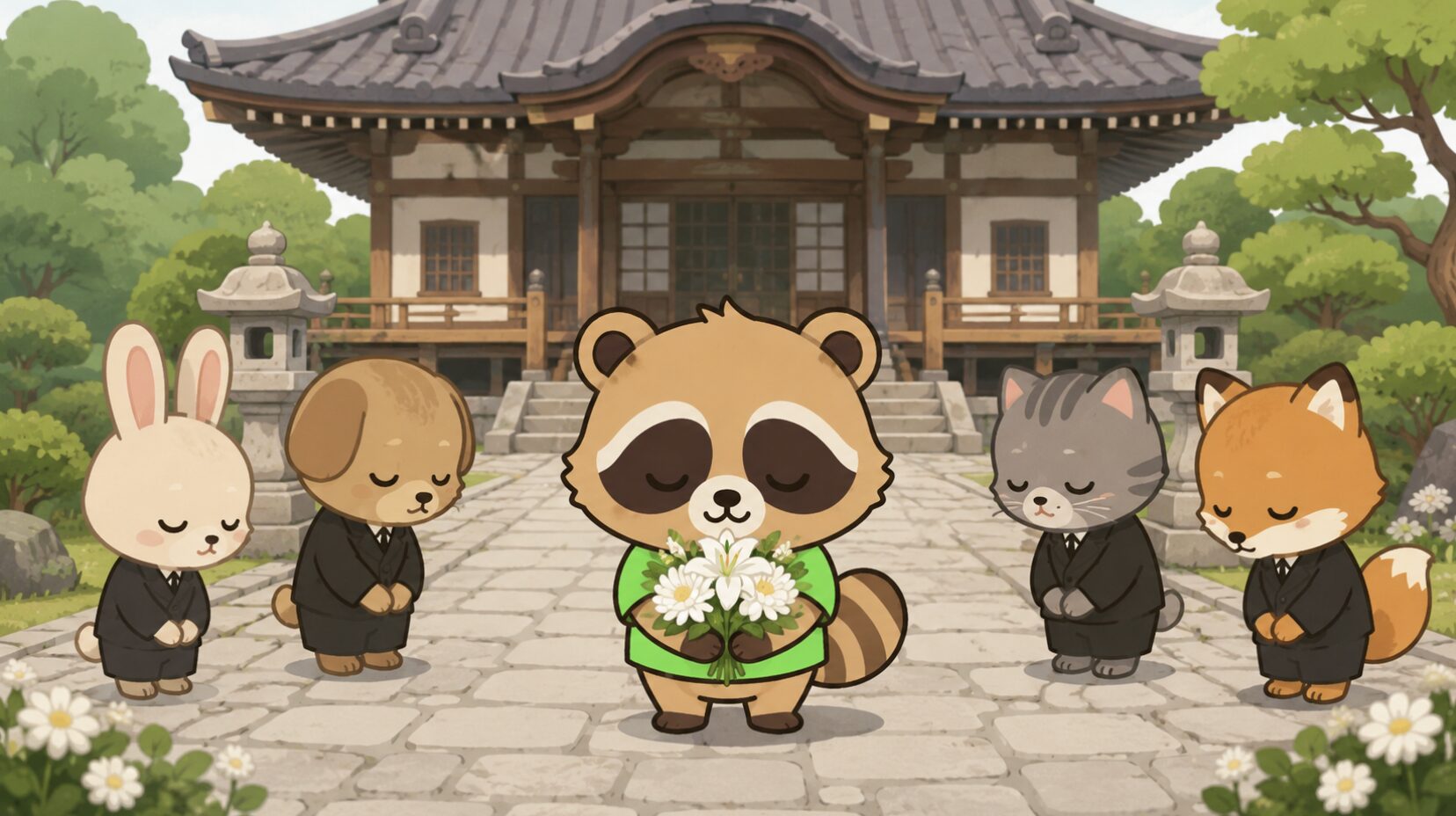 緑のシャツを着たかわいいたぬきが、お寺の本堂前の石畳で白い花を持って静かに頭を下げ、周りの小さな動物たちも参列しているイラスト