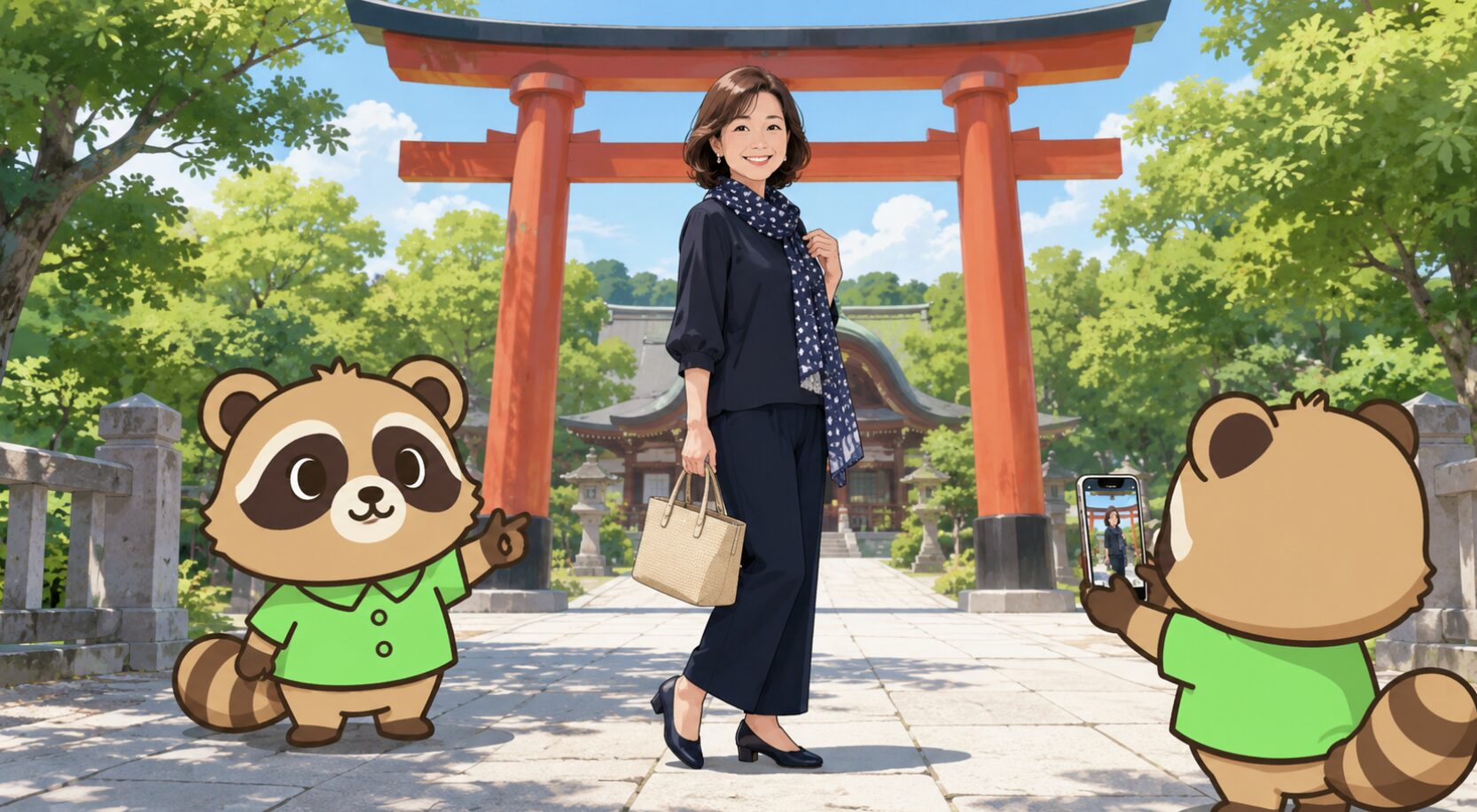 神社の鳥居前で、ネイビーコーデのアラフィフ女性がポーズをとり、たぬきが着痩せして見える撮り方を紹介しているイラスト