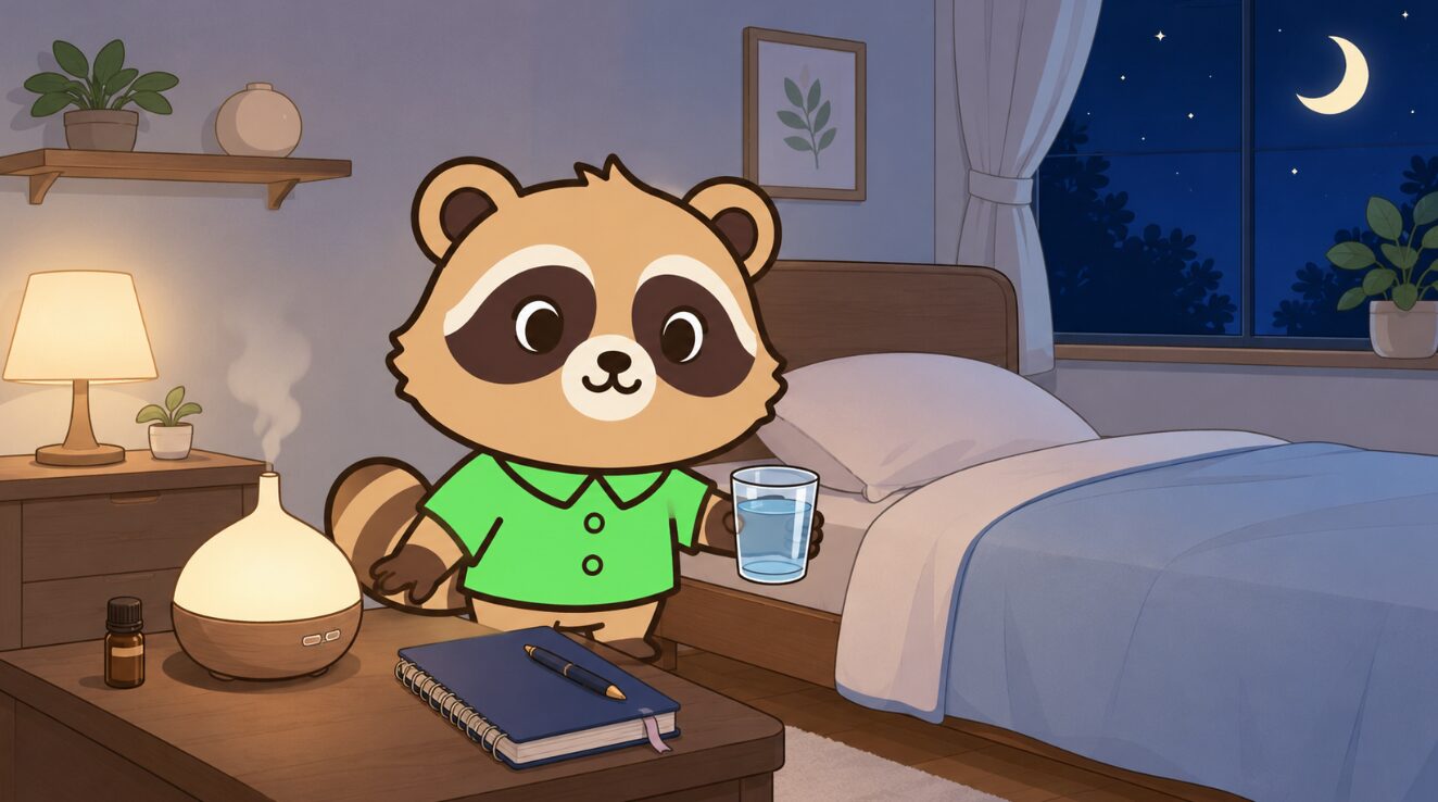 夜の寝室で、たぬきが水やアロマ、ノートを整えて寝る前の準備をしているイラスト