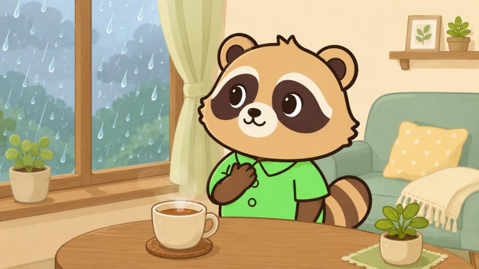 雨の日のリビングで、緑のシャツを着たたぬきが窓の外を眺めながら温かいお茶でくつろいでいるイラスト