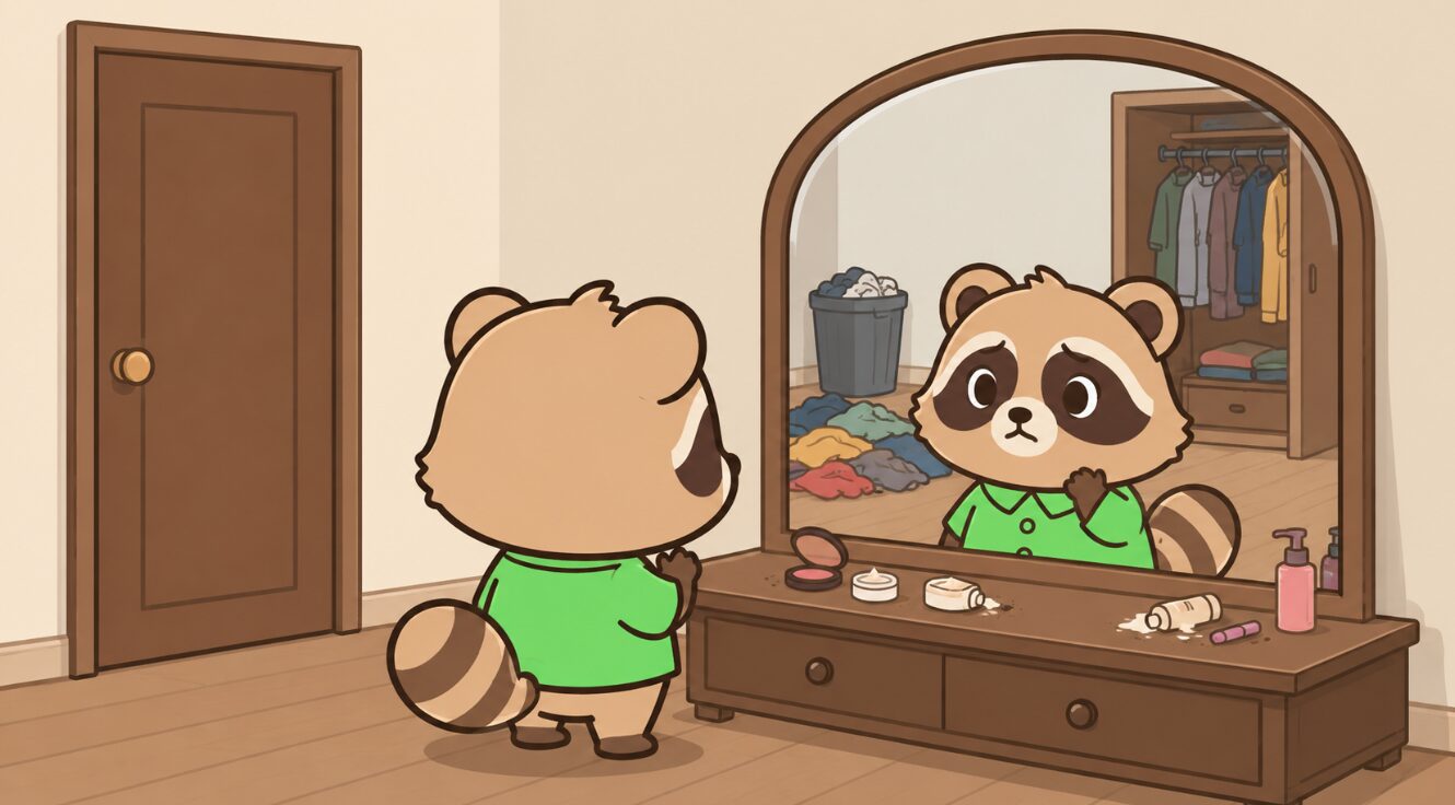 散らかった服やゴミ箱が鏡に映るドレッサーの前でたぬきが困っているイラスト
