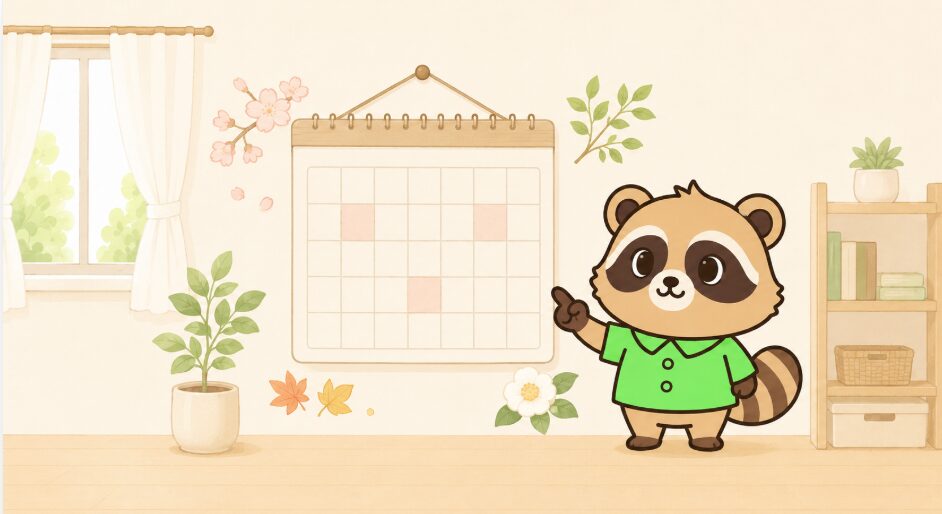 たぬきキャラクターが壁掛けカレンダーを指差し、天赦日が年に数回あることを説明しているイラスト