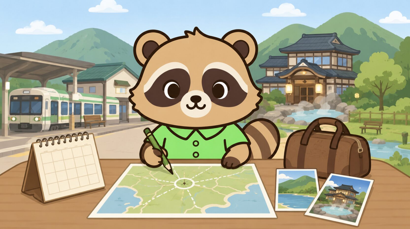 吉方位旅行の計画を立てるたぬきが、地図やカレンダーを見ながら旅行先を考えているイラスト