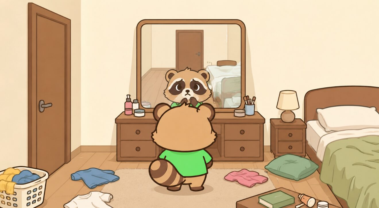 鏡にベッドとドアが映るドレッサーの前でたぬきが困った表情をしているイラスト