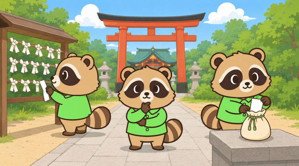 おみくじを結ぶか持ち帰るかを神社で比較して考えるたぬきのイラスト