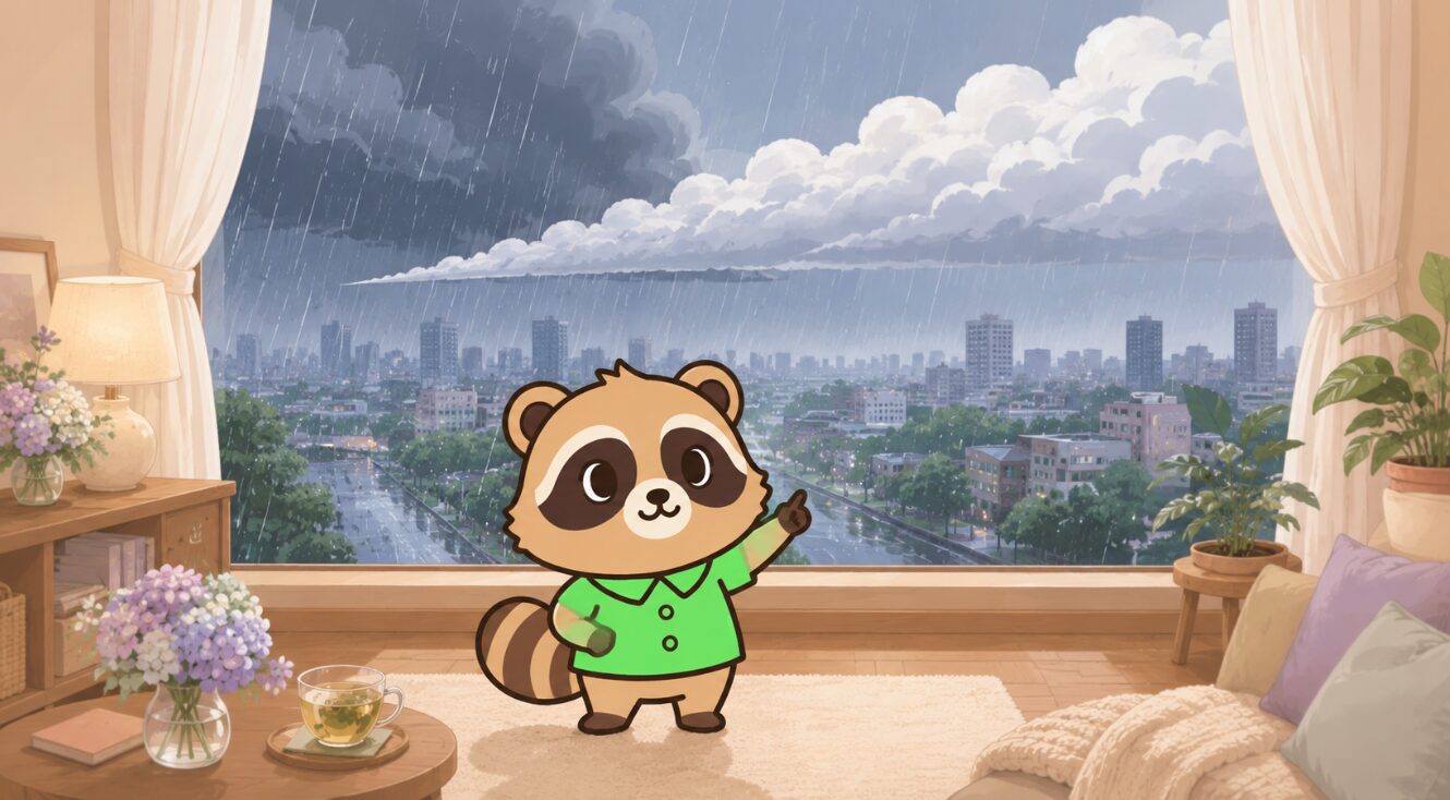雨の日の室内で、たぬきがカレンダーと天気メモを確認する梅雨入り準備のイラスト
