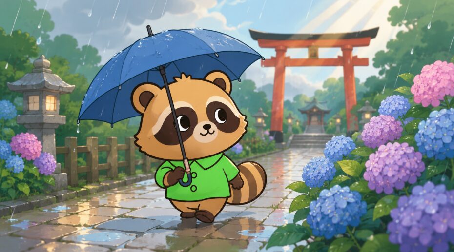 雨が降る神社の参道で、緑のシャツを着たかわいいたぬきが傘をさし、道沿いの紫陽花を眺めながら歩いているイラスト