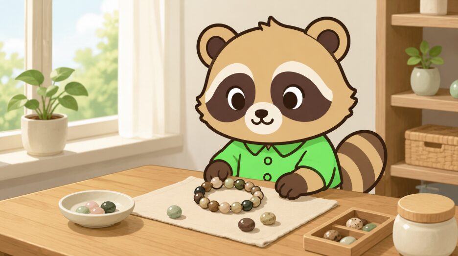 厄年のお守り感覚で天然石ブレスレットを選ぶ、たぬきキャラクターのイラスト