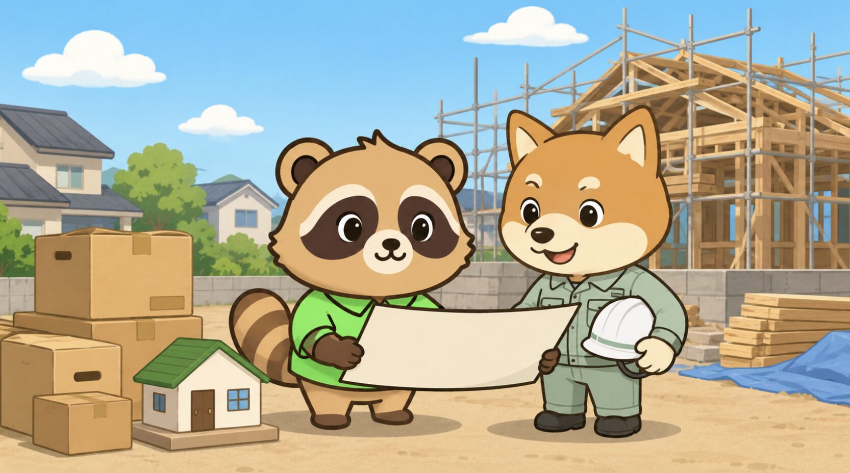 緑のシャツを着たかわいいたぬきが、段ボール箱と家の模型の前で、作業員風の動物と予定表を見ながら引越しや建築の日程を相談しているイラスト