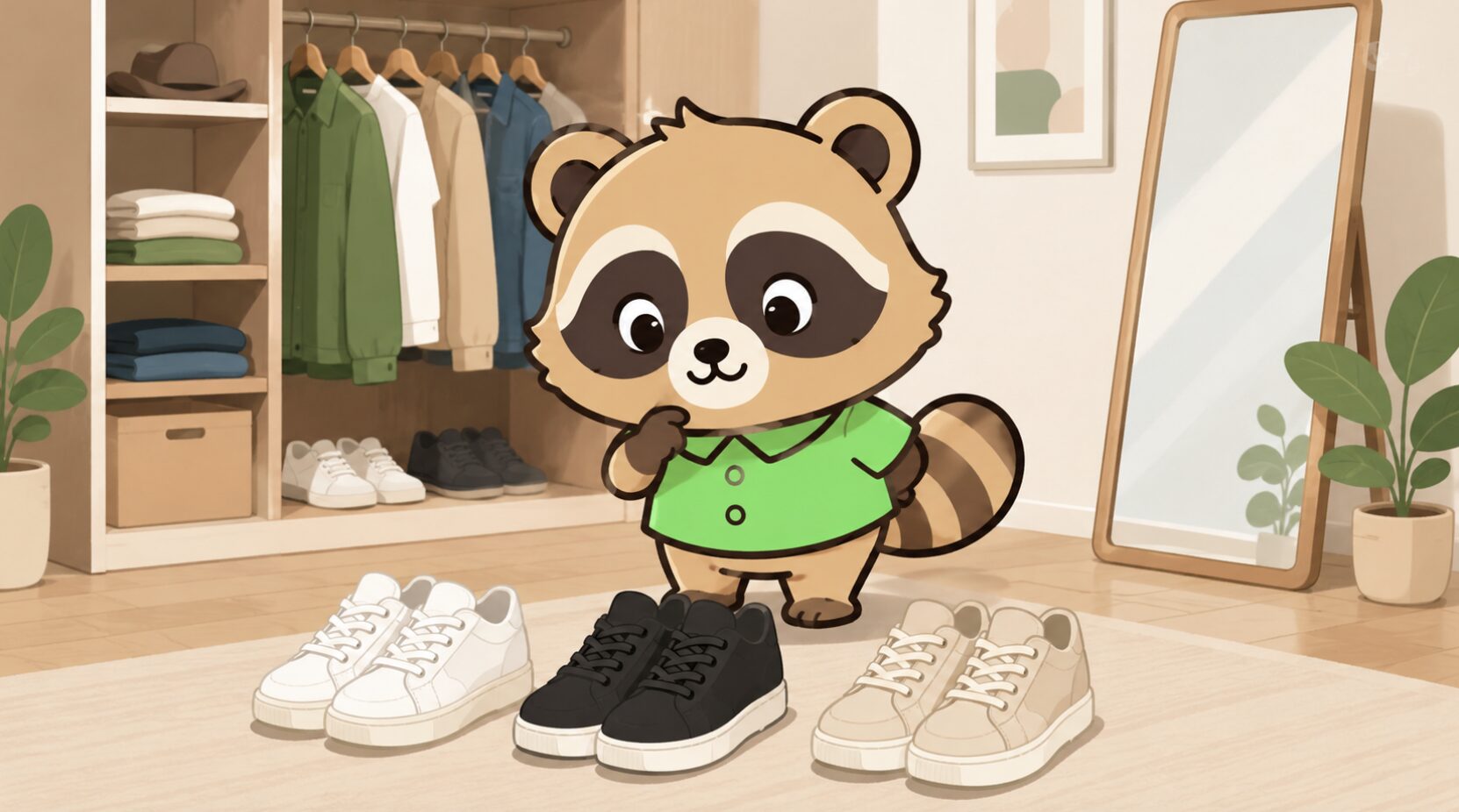 クローゼットの前で、かわいいたぬきが白・黒・ベージュのスニーカーを服に合わせて選んでいるイラスト