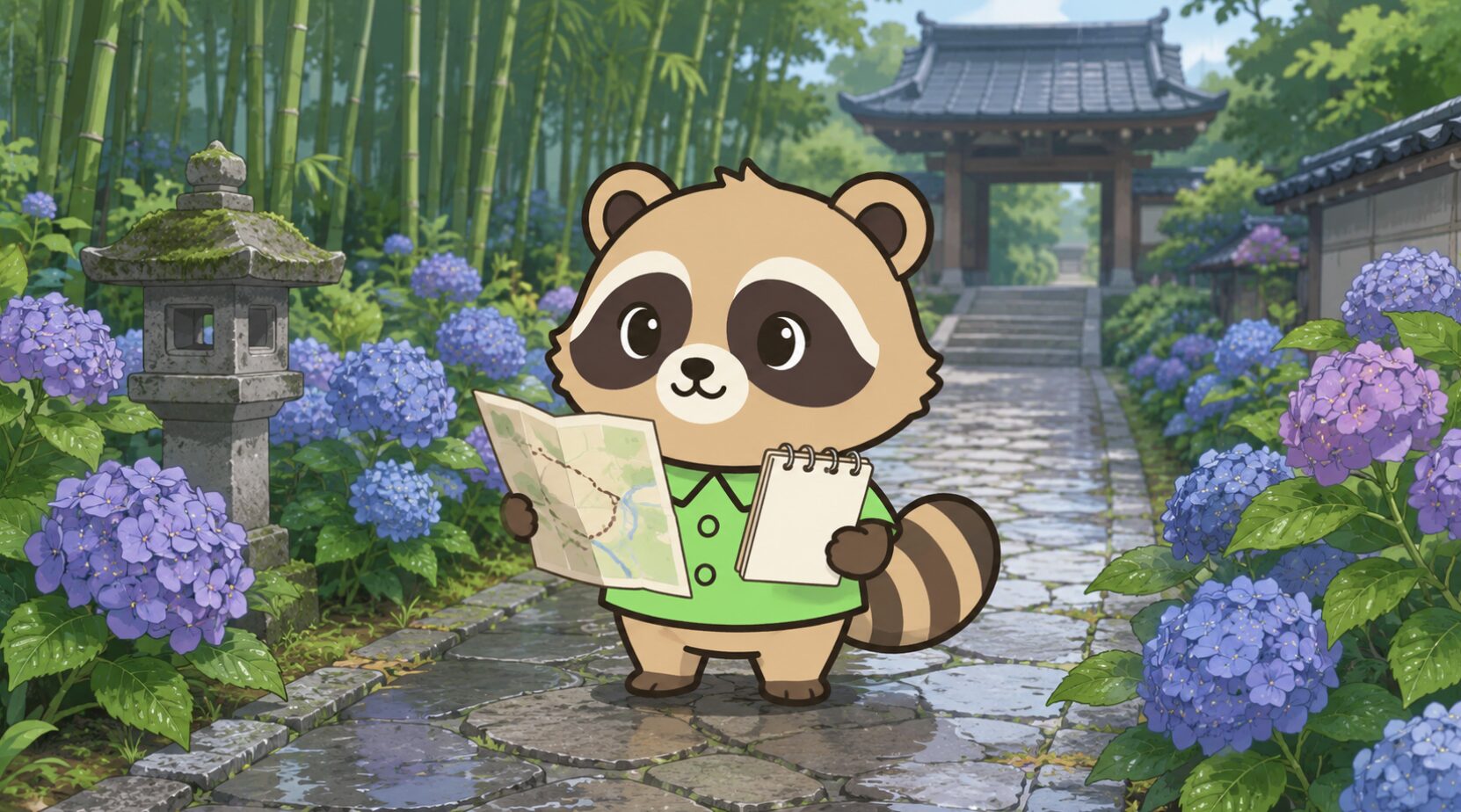 雨上がりの静かな寺の参道で、緑のシャツを着たかわいいたぬきが地図とメモ帳を見比べているイラスト