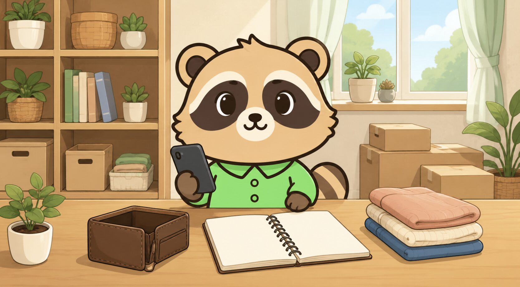 緑のシャツを着たかわいいたぬきキャラクターが、自宅の机でスマホやノートを使い、空の財布や整理された服をそばに置いてお金をかけずに趣味を始めているイラスト