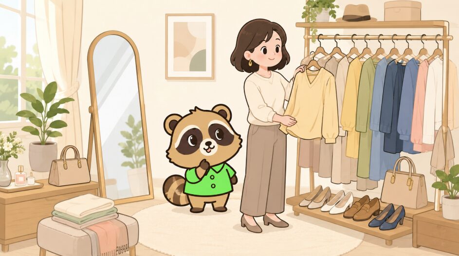 40代女性が明るいクローゼットで服を選び、緑のシャツを着たたぬきが心地よいファッション選びを案内しているイラスト