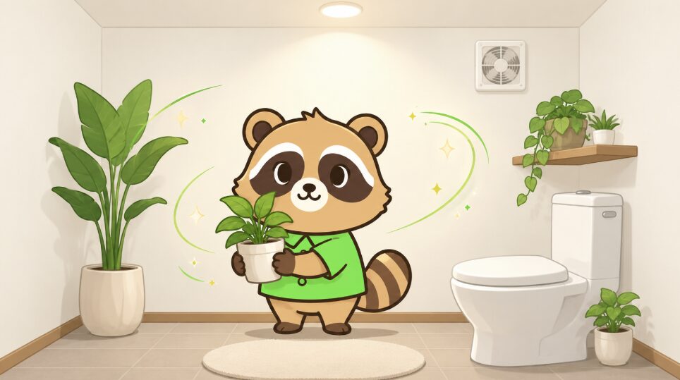 窓のない清潔なトイレで、緑のシャツを着たたぬきが観葉植物の鉢を持っているイラスト