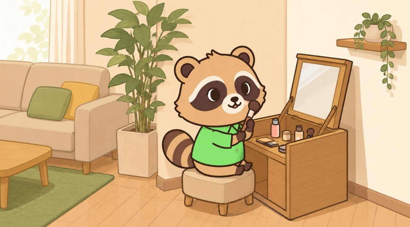 リビングの隅でたぬきがフラップ式ドレッサーを開いて身支度しているイラスト