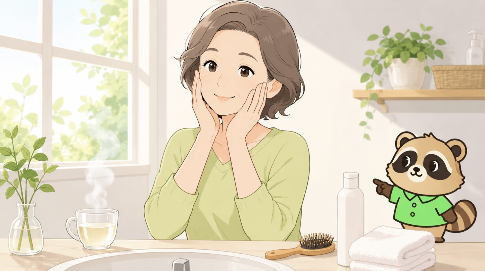 50代女性がお金をかけず運気を整える毎日の簡単美容として朝の洗面台でハンドプレスをしているイラスト