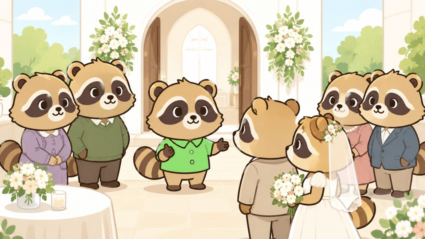 緑のシャツを着たかわいいたぬきが、結婚式場で新郎新婦と家族に向かってやさしく説明しているイラスト