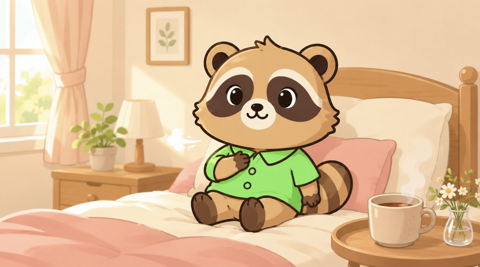緑のシャツを着たかわいいたぬきキャラクターが、朝の光が入る寝室のベッドで胸に手を当てて深呼吸し、温かい飲み物や花をそばに置いて休むことを優先しているイラスト