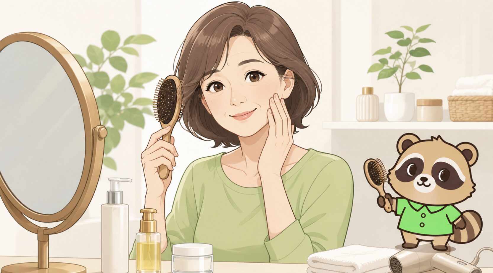 50代女性が若く見える美容と髪型の整え方として洗面台で髪と肌をケアするイラスト