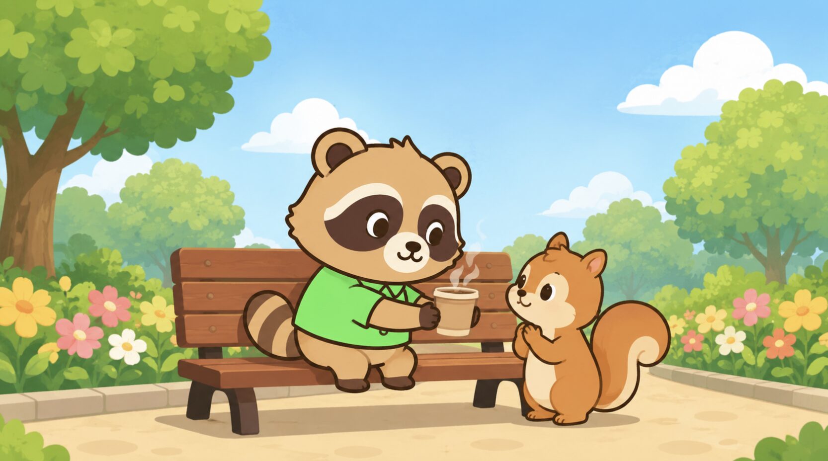 緑のシャツを着たかわいいたぬきが、公園のベンチで小さな友だちに温かい飲み物を差し出しているイラスト