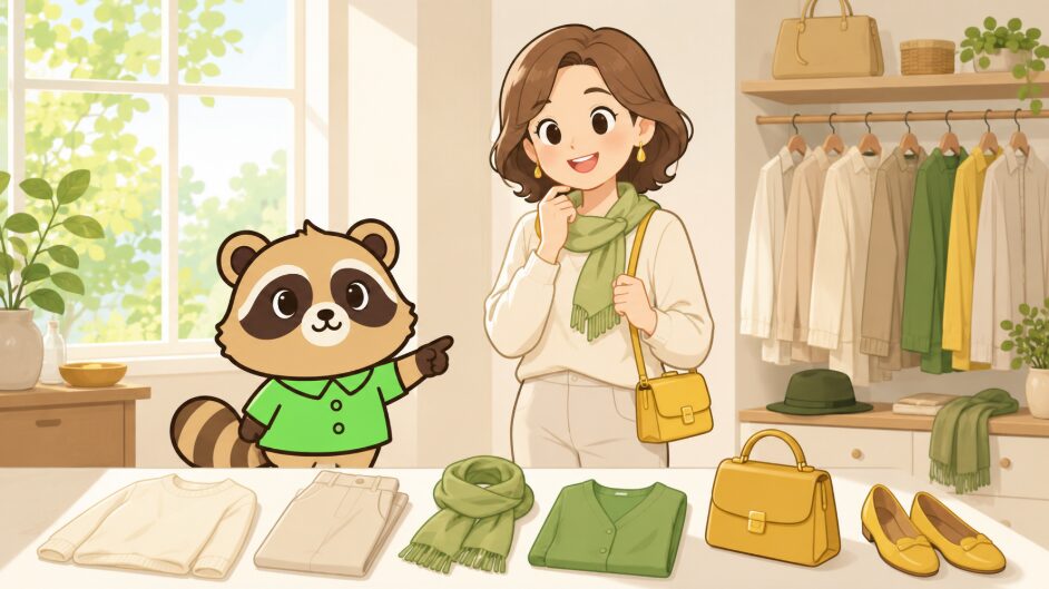 40代女性が三色に絞った服と小物を合わせ、緑のシャツを着たたぬきが色数を抑えたコーディネートを案内しているイラスト