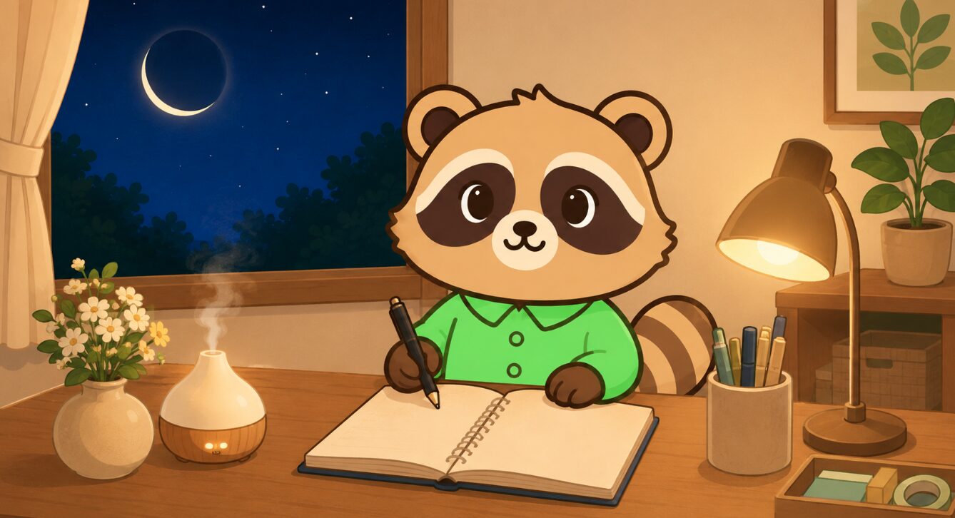 新月の夜、たぬきが静かな机で白紙のノートに願い事を書こうとしているイラスト