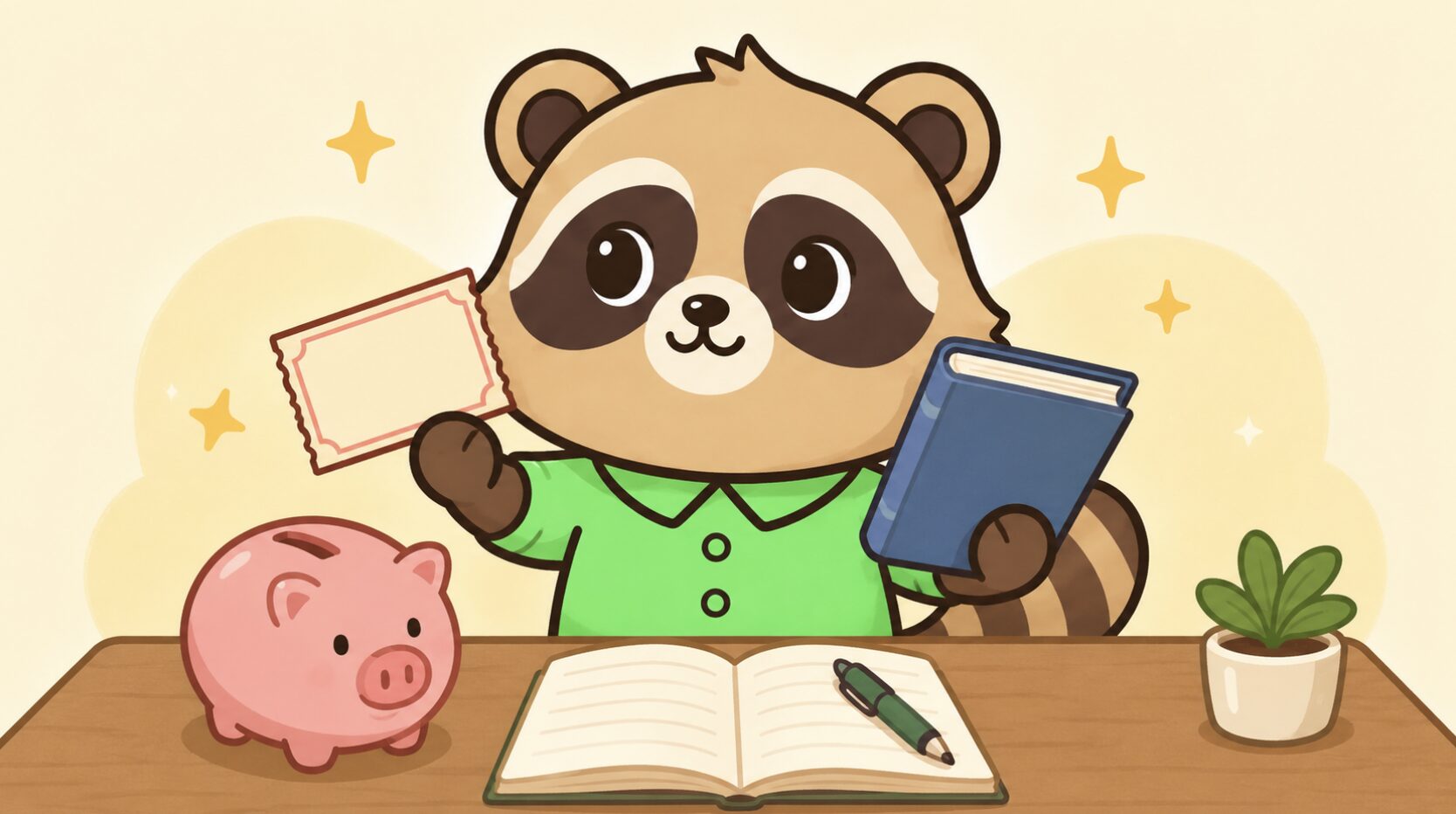宝くじ風のカードと学習用の本を持って考える緑のシャツのたぬきと、ノートやペン、貯金箱を置いた机のイラスト