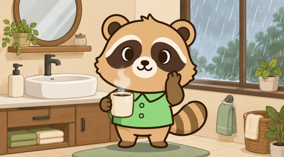 雨の日の洗面台の前で、緑のシャツを着たたぬきが頬に手を当て、温かい飲み物を持っているイラスト