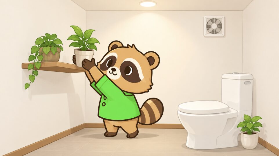 窓のないトイレで、緑のシャツを着たたぬきが観葉植物の鉢を壁棚に置いているイラスト