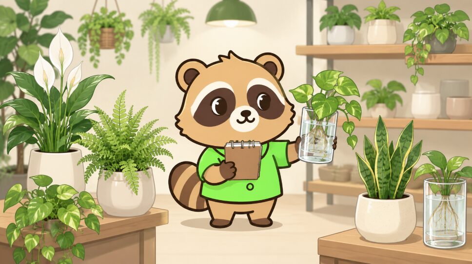 植物売り場で、緑のシャツを着たたぬきがノートを持ちながら観葉植物と水耕栽培容器を確認しているイラスト