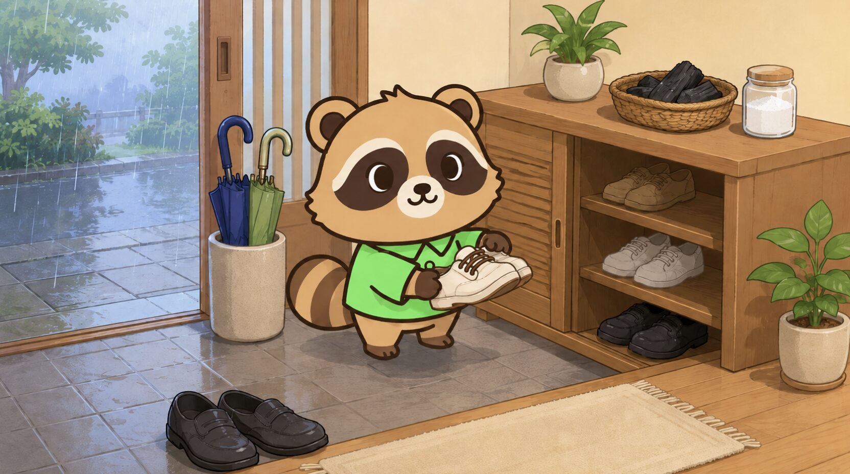 雨の日の玄関で、緑のシャツを着たかわいいたぬきが濡れた靴や傘を片付け、靴箱の上に炭や重曹を置いて湿気対策をしているイラスト