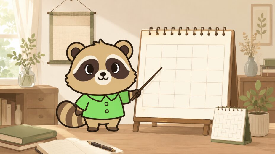書斎でたぬきキャラクターがカレンダー風ボードを指し、不成就日の意味を説明しているイラスト