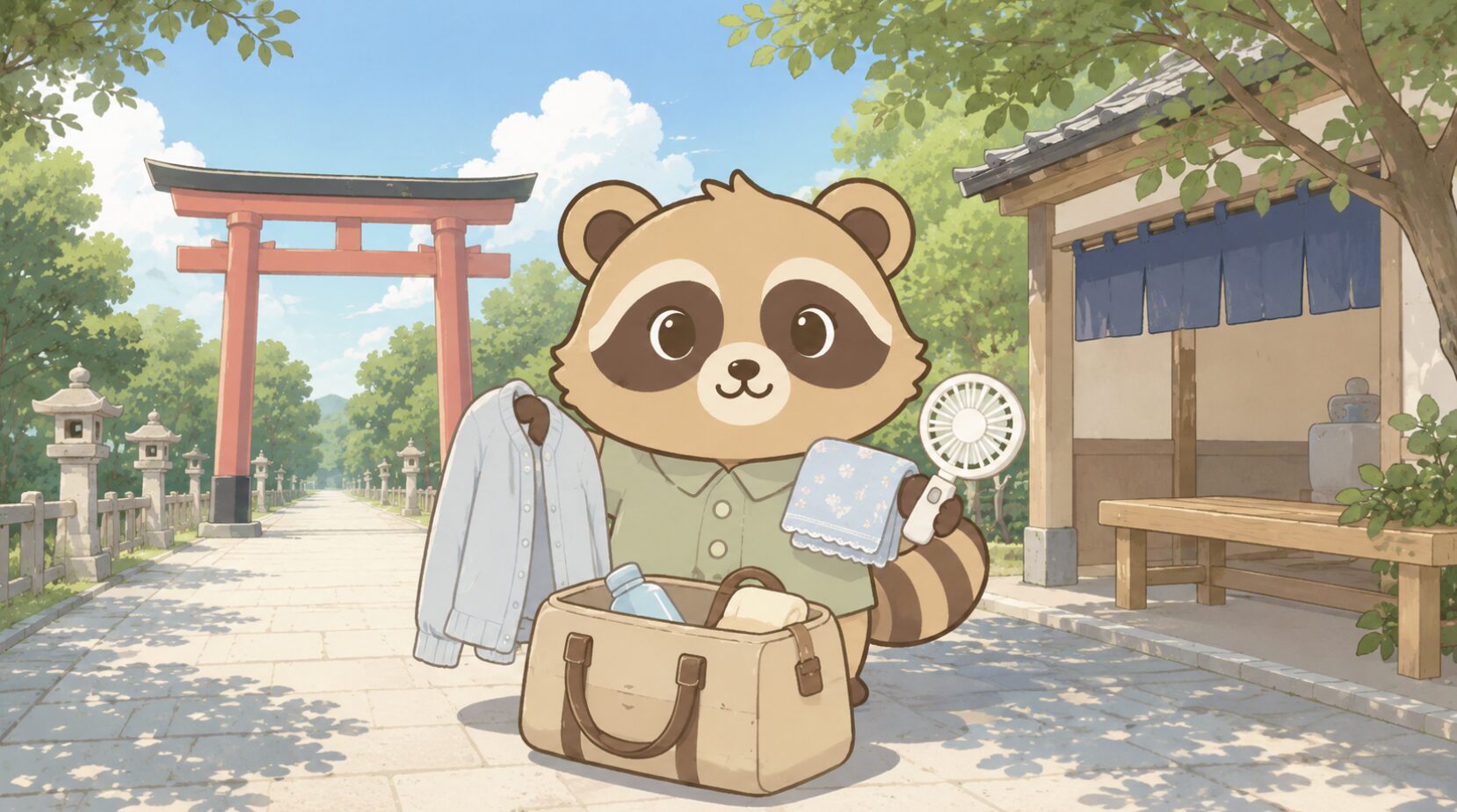 夏の神社参道で、たぬきキャラクターが薄手のカーディガンやハンカチ、小型扇風機を旅行バッグに準備しているイラスト