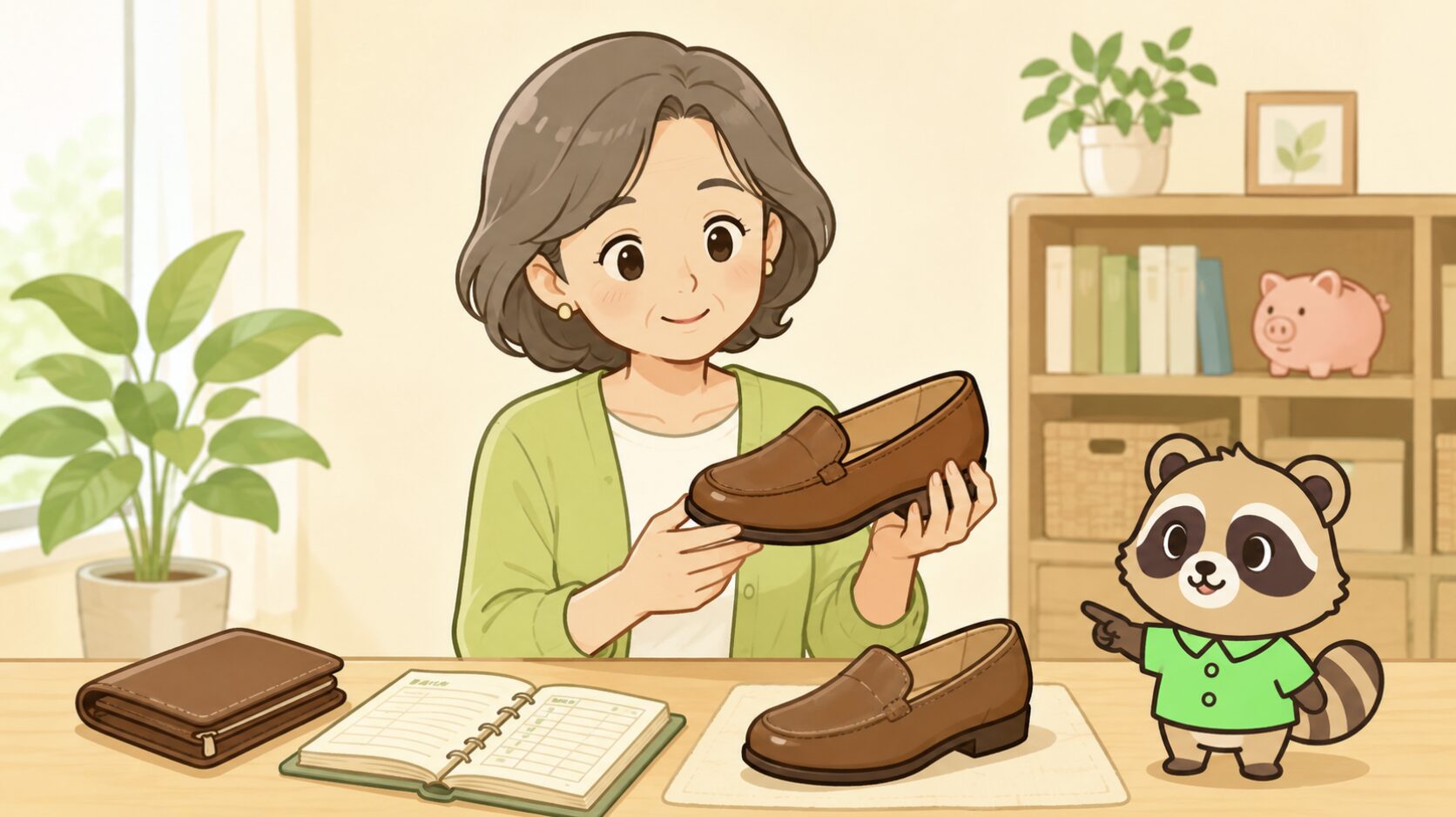 50代女性が無理のない予算で自分を大切にするケアとして家計簿を見ながら上質な革靴を選んでいるイラスト