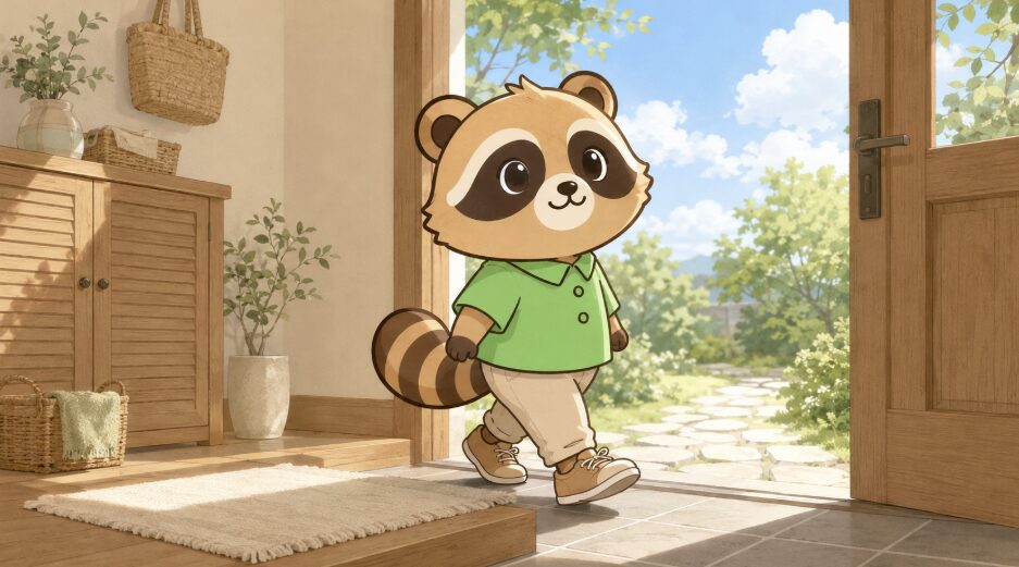 晴れた朝の玄関で、たぬきキャラクターが新しい靴を履いて明るい石畳の道へ歩き出しているイラスト