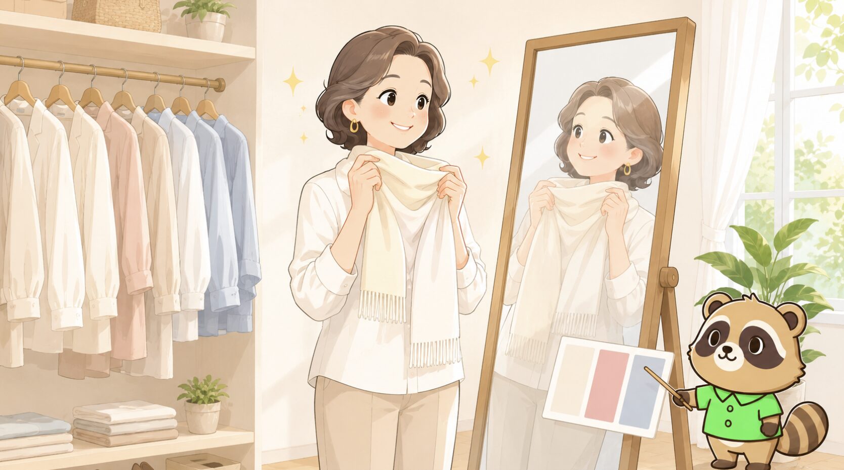 50代女性が顔色を明るく見せるアイボリーのスカーフを鏡の前で合わせるイラスト