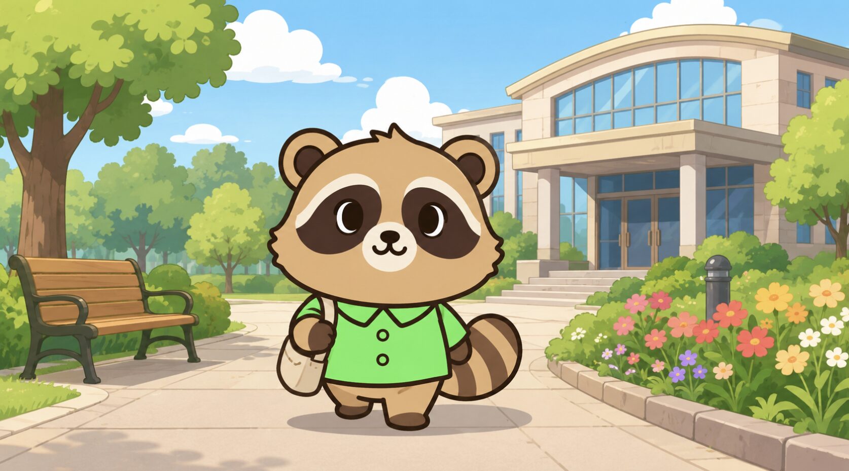 緑のシャツを着たかわいいたぬきキャラクターが小さなバッグを持ち、図書館や公園の近くをゆっくり散歩して気軽な外出趣味を楽しんでいるイラスト