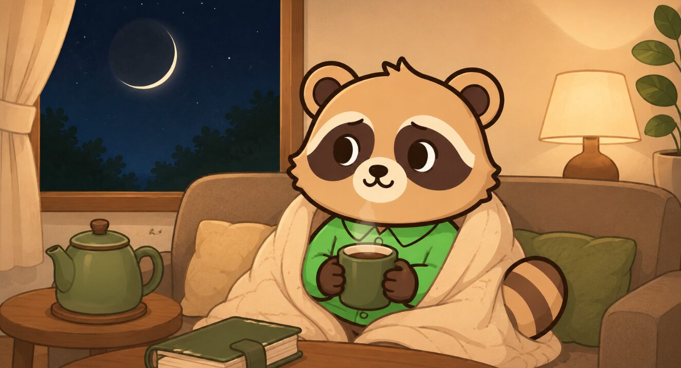 新月の夜、ブランケットをかけたたぬきがソファで温かい飲み物を持って休んでいるイラスト