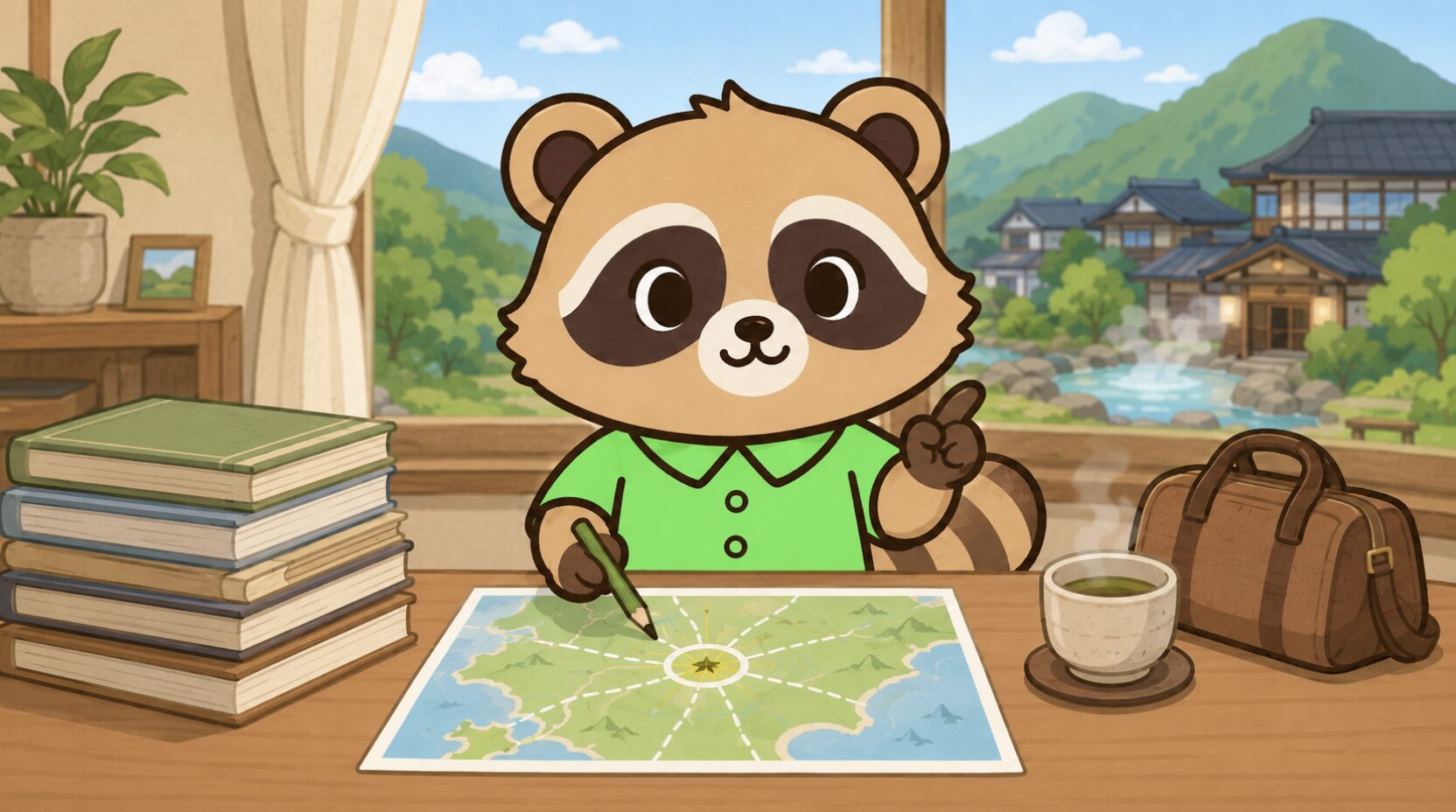 たぬきが地図を指差しながら、吉方位旅行を気楽に楽しむ考え方を説明しているイラスト