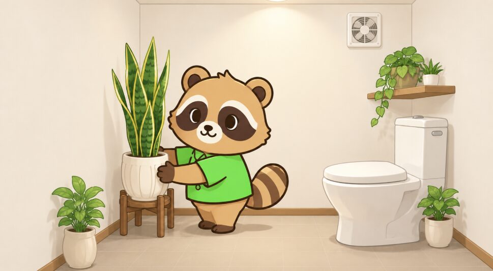 窓のないトイレの角で、緑のシャツを着たたぬきがサンスベリアの鉢をフラワースタンドに置いているイラスト