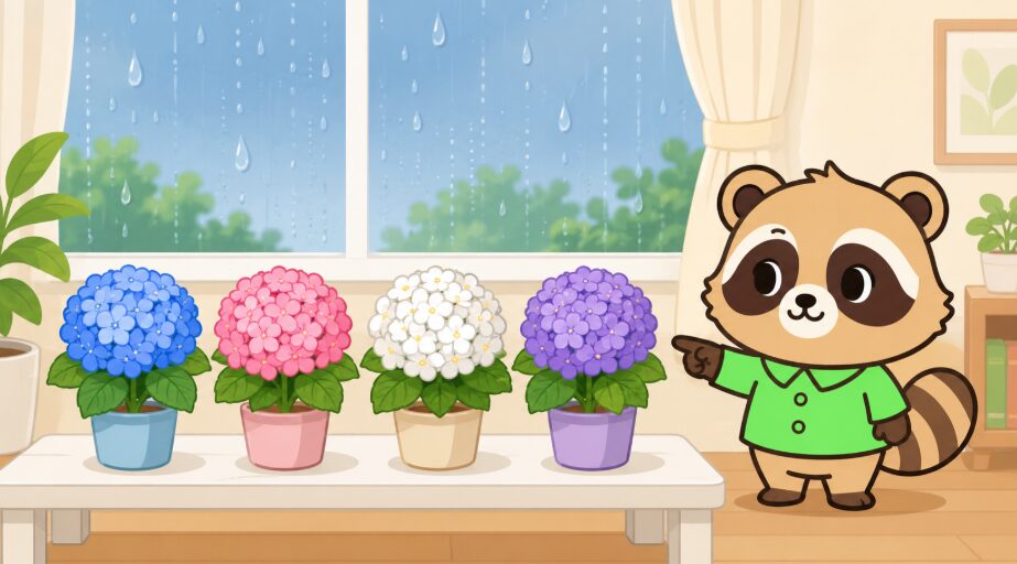 雨の日の室内で、緑のシャツを着たかわいいたぬきが青・ピンク・白・紫の鉢植え紫陽花を指差しているイラスト