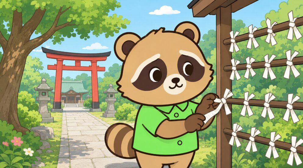 神社でおみくじを木ではなく専用の結び所に結ぶたぬきのイラスト