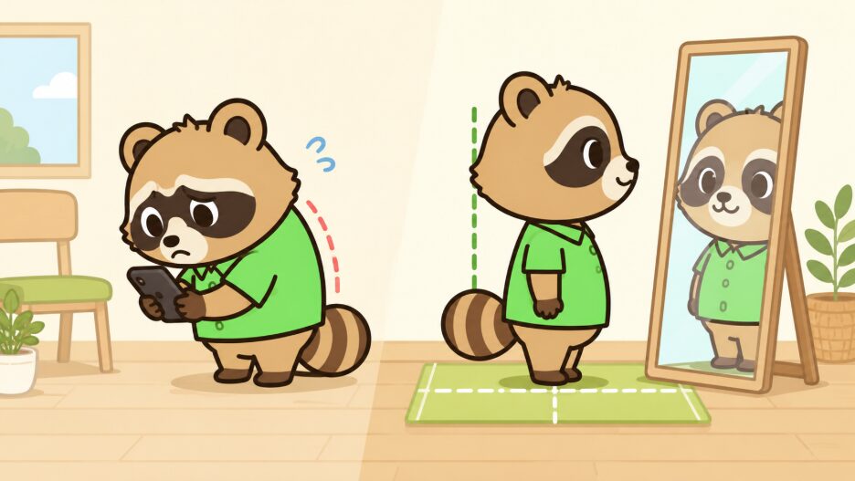 スマホを見て猫背になったたぬきと、鏡の前で背筋を伸ばすたぬきを左右で比較したイラスト