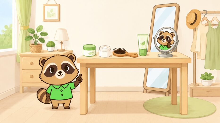 緑のシャツを着たかわいいたぬきが、鏡の前でスキンケア用品やヘアブラシを指差して説明しているイラスト