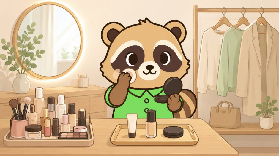 ドレッサー前で緑のシャツを着たかわいいたぬきが、たくさんのメイク道具から必要なものだけを選んで軽くメイクしているイラスト