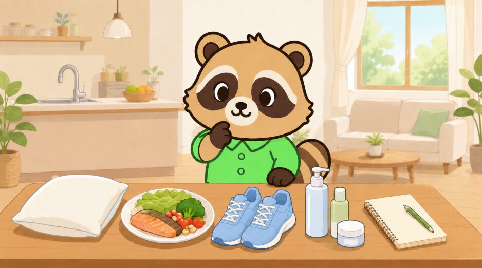 明るい部屋のテーブルで、緑のシャツを着たかわいいたぬきが枕、健康的な食事、スニーカー、スキンケア用品、メモ帳を順番に確認しているイラスト