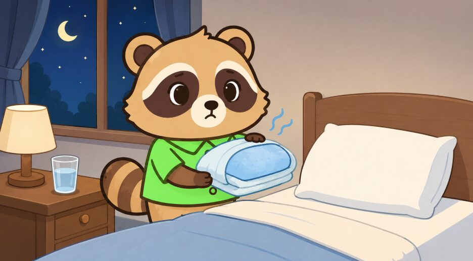 夜の寝室で、緑のシャツを着たたぬきがタオルに包んだ氷枕を両手で持ち、ベッドの枕元に置く前に冷たさを確認しているイラスト