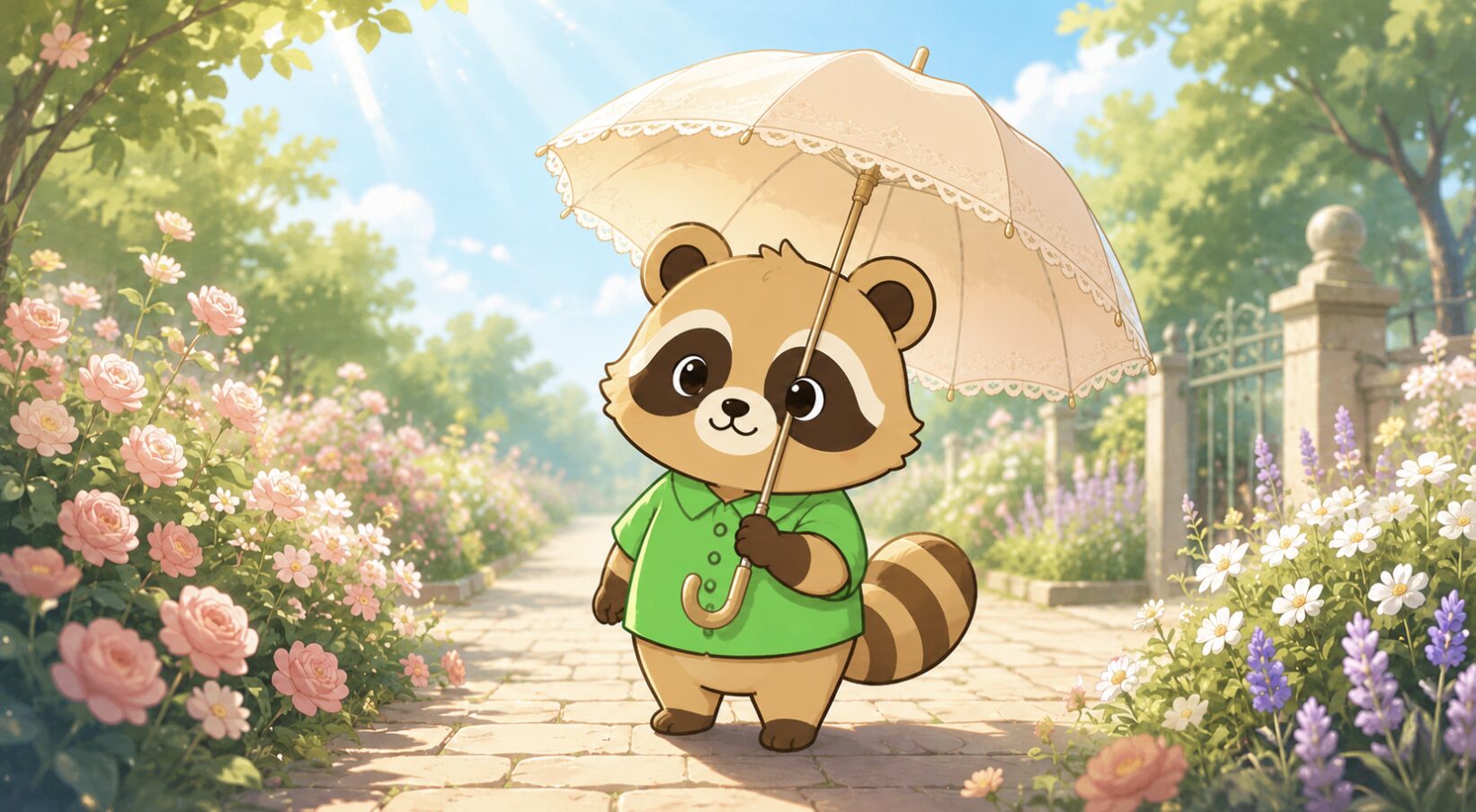 花の小道でベージュの日傘を差すみどりシャツのたぬきが、やさしい開運カラーを楽しむイラスト