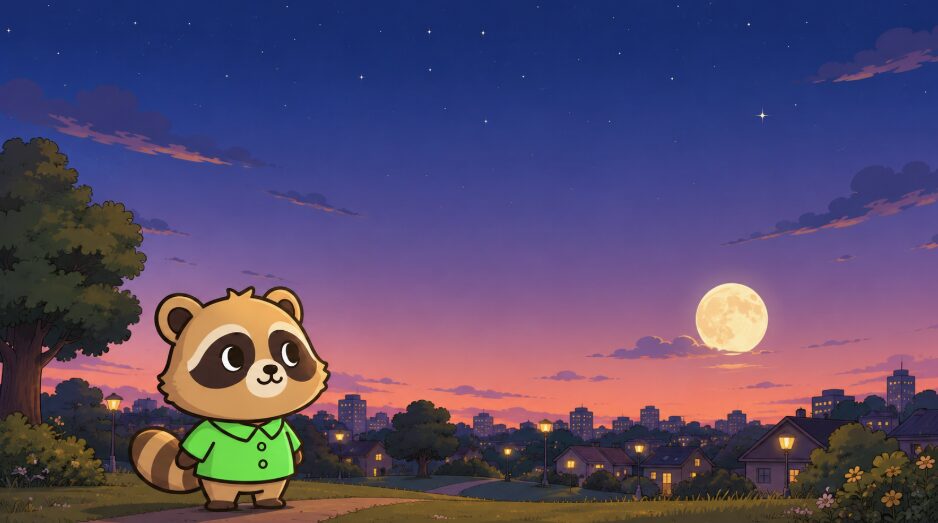 夕方の東寄りの空に昇る中秋の名月を公園から眺める緑シャツのたぬき